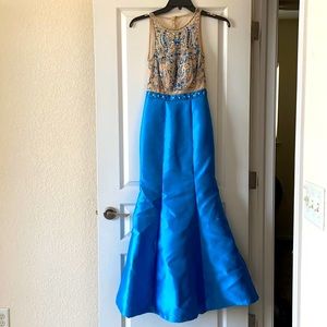 Blue and tan mermaid style prom dress